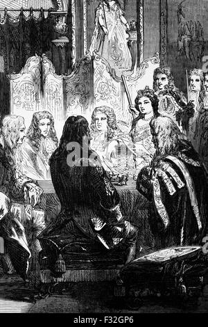 Queen Anne ( 1665-1714) taking a strong role in affairs of state, with members of her Privy Council. She was crowned in  1702, then under the 1707 Acts of Union, the kingdoms of England and Scotland united as a single sovereign state known as Great Britain. She continued to reign as Queen of Great Britain and Ireland until her death in 1714.