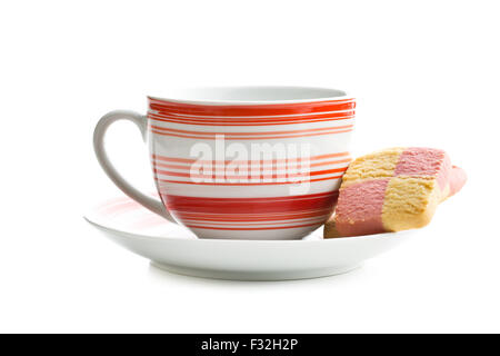 coffee mug and colored butter biscuits on white background Stock Photo