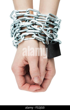 Social theme: hands tied a metal chain on a white background Stock Photo