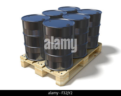 Black oil barrels on wooden euro pallet. 3D illustration isolated on a white background Stock Photo