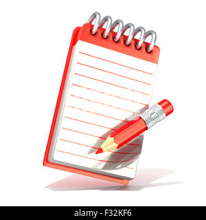 Red pencil and notepad. 3D render isolated on white background Stock Photo