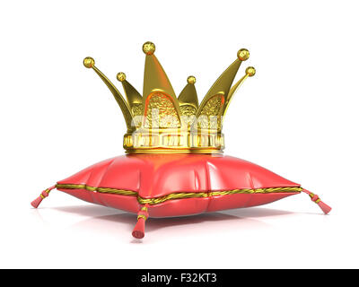 Royal red pillow and golden crown. 3D render illustration isolated on white background Stock Photo