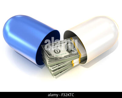 Opened blue pill capsule, with dollars stack inside. Isolated on white background Stock Photo