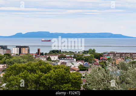 View of downtown Thunder Bay Ontario, Canada north ward and harbor from Hillcrest Park, with Sleeping Giant in background