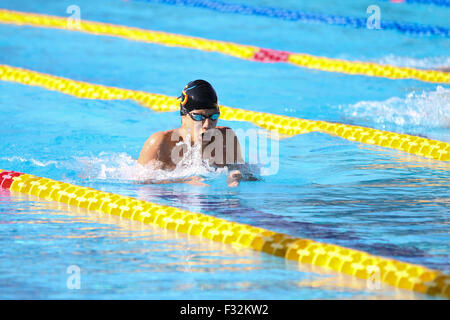 ISTANBUL, TURKEY - AUGUST 15, 2015: Unidentified competitor swims at the Turkcell Turkish Swimming Championship in Enka Sports C Stock Photo