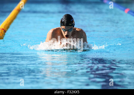 ISTANBUL, TURKEY - AUGUST 15, 2015: Unidentified competitor swims at the Turkcell Turkish Swimming Championship in Enka Sports C Stock Photo