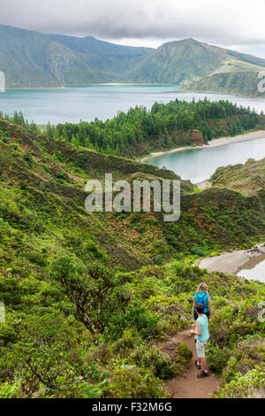 Walking down to Lagoa do Fogo in Sao Miguel, Azores Islands Stock Photo