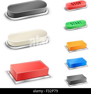 The 3D mega rectangular and oval red, blue, green, black and white buttons on the white background Stock Vector