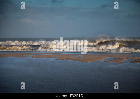 Waves approaching Pentewan sands, Cornwall. Stock Photo