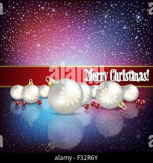 Celebration greeting with white Christmas decorations on blue red background Stock Vector