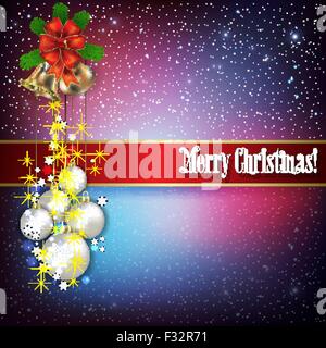 Christmas greeting with hand bells and snowflakes on blue red background Stock Vector