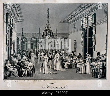The Interior of Cafe Frascati 1807 Etching bt Philibert Louis Debucourt ( 1755 - 1835 ) French Paris Stock Photo