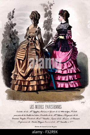 An Explosion of Fashion Magazines ( Les Modes Parisiennes, De Gracieuse, Le Follet, Moniteur des Dameset des Demoiselles, Allgemeine Moden Zeitung, Le Miroir Parisien, Le Journal des Dames et des Demoiselles, Berliner Modenblatt hand colored engravings 1850-1880 Stock Photo