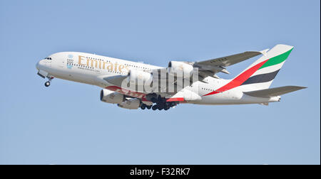 Emirates Airline Airbus a380 Super Jumbo A6-EEX coming into land at London Heathrow Airport LHR Stock Photo