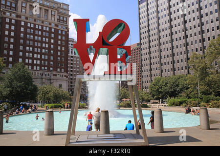 The bright red LOVE sculpture by Robert Indiana in Love Park, in Philadelphia, Pennsylvania, USA