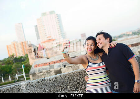 couple taking a selfie in Cartagena, Colombia. Stock Photo