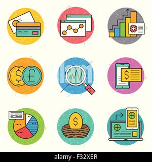 Business and Investment Vector.  A collection of business and financial themed line icons including charts, financial elements Stock Vector