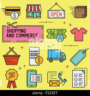 Shopping And Retail Icon Set. A collection of commerce icons including a shop, transactions and delivery. Vector illustration. Stock Vector