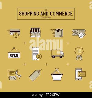 Shopping And Retail Icon Set. A collection of gold commerce icons including a shop, transactions and delivery. Stock Vector