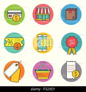 Shopping And Retail Icon Set. A collection of commerce icons including a shop, transactions and delivery. Vector illustration. Stock Vector