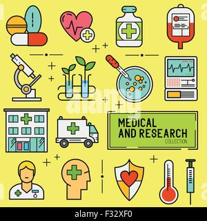 Medical and Research Icon Set. A collection of medical icons including, equipment, people and medical tools. Stock Vector