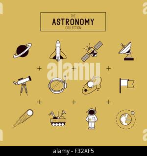 Astronomy Gold Vector Icon Set. A collection of space themed line icons including a planet, rocket, spaceman and solar system. Stock Vector