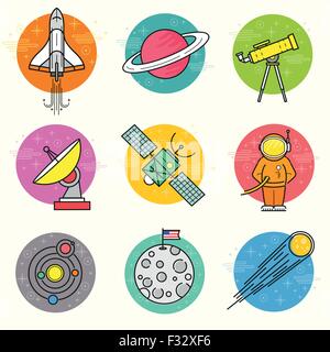 Astronomy Vector Icon Set. A collection of space themed line icons including a planet, rocket, spaceman and solar system. Stock Vector