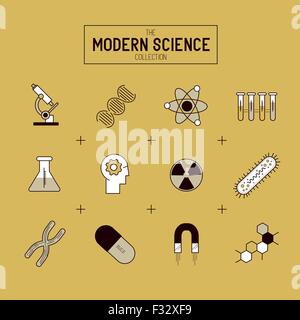 Science Gold Vector Icon Set. A collection of gold science themed line icons including a atom, chemistry symbols and equipment. Stock Vector