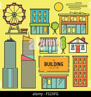 Urban building Vector Icon Set. A collection of buildings including a ferris wheel, house, sky scrapers and shop stores. Stock Vector