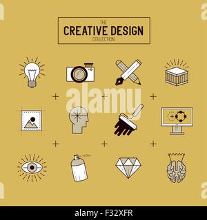 Creative Vector Icon Set. A collection of Gold design themed line icons including art tools, digital design and creative product Stock Vector