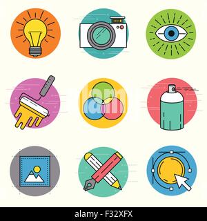 Creative Vector Icon Set. A collection of design themed line icons including art tools, digital design and creative production. Stock Vector
