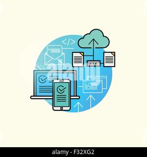 Cloud Computing Vector. BAcking up and storing business data via cloud computing. Vector illustration. Stock Vector