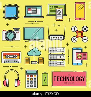 Technology Vector Icon Set. A collection of modern technology items including a CPU, drone, TV and mobile devices. Vector Stock Vector