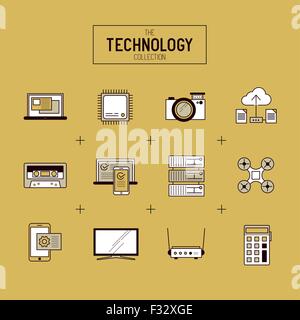 Technology Vector Icon Set. A collection of gold modern technology items including a CPU, drone, TV and mobile devices. Stock Vector