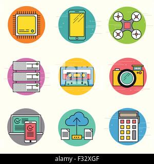 Technology Vector Icon Set. A collection of modern technology items including a CPU, drone, servers and mobile devices. Stock Vector
