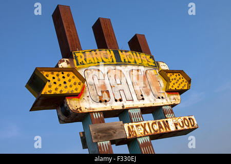 Weather worn sign for the Ranch House Cafe along Route 66 in Tucumcari, New Mexico. Stock Photo