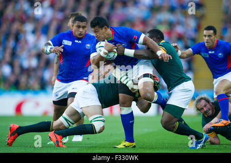 Sept. 26, 2015 - Birmingham, United Kingdom - Samoa's Zak Taulafo is tackled by South Africa's Victor Matfield and Tendai Mtawarira during the 2015 Rugby World cup match-up between South Africa and Samoa being held at Villa Park in Birmingham. South Africa would win 46-6...Photo Credit: Andrew Patron/Zuma Newswire (Credit Image: © Andrew Patron via ZUMA Wire) Stock Photo