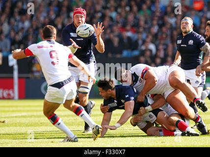 Leeds, UK. 27th Sep, 2015. SEPT 27: Scotland's Grant Gilchrist receives the ball during the 2015 Rugby World cup match-up between Scotland and the USA being held at Elland Road in Leeds. Scotland defeats the USA 39-16.Photo Credit: Andrew Patron/Zuma Newswire © Andrew Patron/ZUMA Wire/Alamy Live News Stock Photo