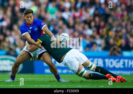 Sept. 26, 2015 - Birmingham, United Kingdom - Samoa's Tim Nanai-Williams is tackled by South Africa's Victor Matfield during the 2015 Rugby World cup match-up between South Africa and Samoa being held at Villa Park in Birmingham. South Africa would win 46-6...Photo Credit: Andrew Patron/Zuma Newswire (Credit Image: © Andrew Patron via ZUMA Wire) Stock Photo