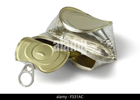 Crumpled Metal Tin can on White background Stock Photo