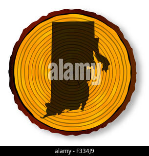 Map of Rhode Island on a timber end section over a white background Stock Photo