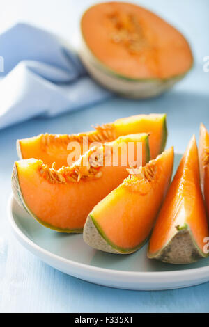 cantaloupe melon on wooden plate, cantaloupe thai slice fruit for ...