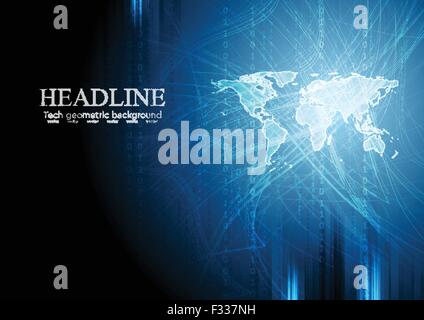 Dark blue tech background with binary system code and world map. Vector design Stock Vector