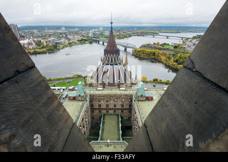 Attractive symmetrical view of Ontario to Quebec border from Peace Tower, Ottawa, Canada Stock Photo