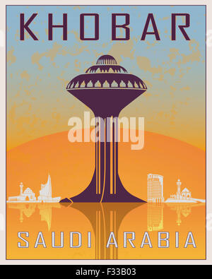 Khobar vintage poster in orange and blue background with white skyiline in editable vector file Stock Photo
