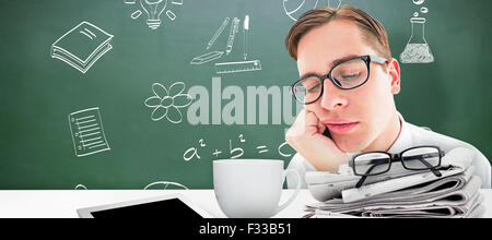 Composite image of geeky hipster falling asleep on hand Stock Photo