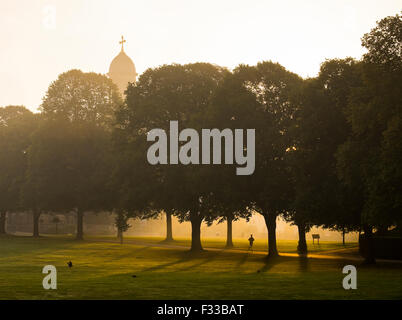 A man runs through an avenue of trees in the Quarry in early autumn sunlight, Shrewsbury, Shropshire, England, UK Stock Photo