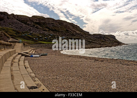 Portland sea defences on Chesil Beach Stock Photo