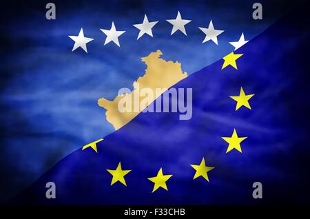 Kosovo and European Union mixed flag. Wavy flag of Kosovo and European Union fills the frame.