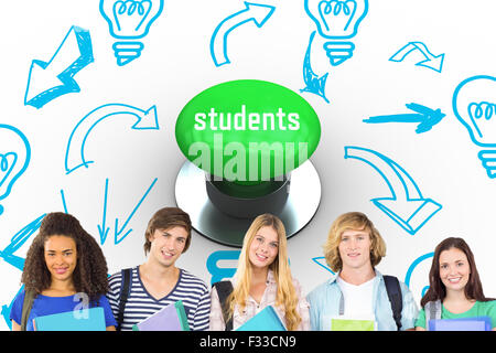 Students against digitally generated green push button Stock Photo